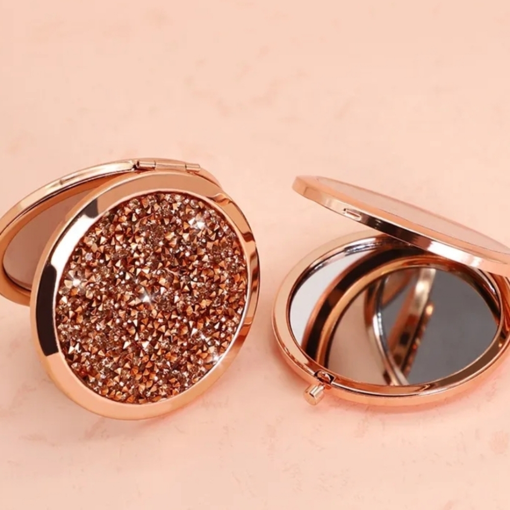 Sparkling Rose Gold Crystal Compact Mirror for Women